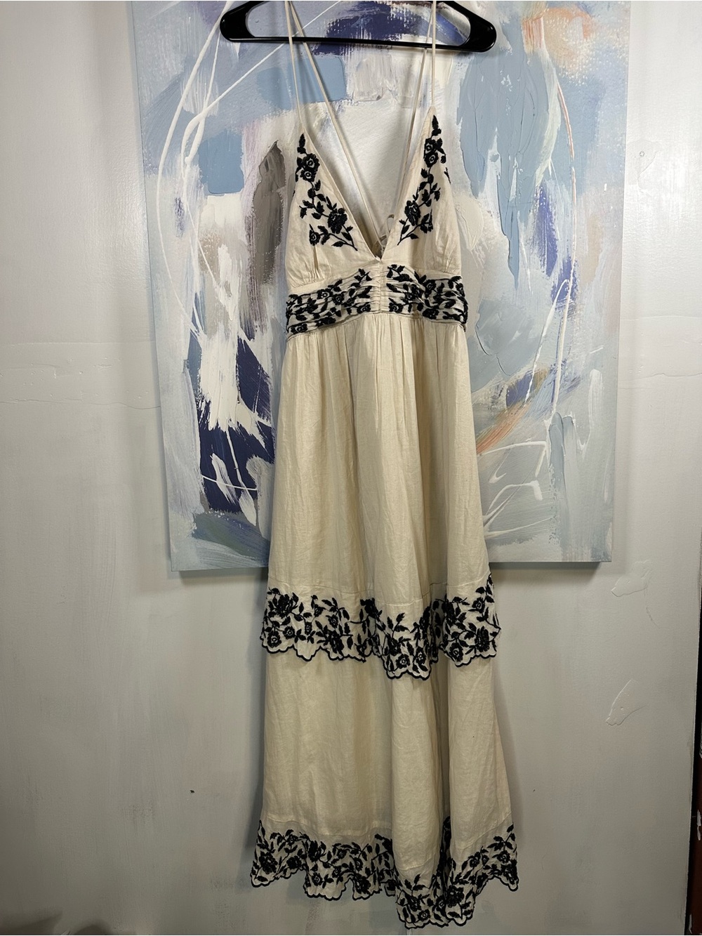 Abercrombie & Fitch Embroidered Cotton Maxi Dress White Black Halter Boho XL P - Picture 3 of 14